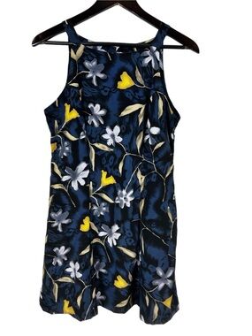 DBY Vintage Blue Floral High Neck A-Line Dress Size Small